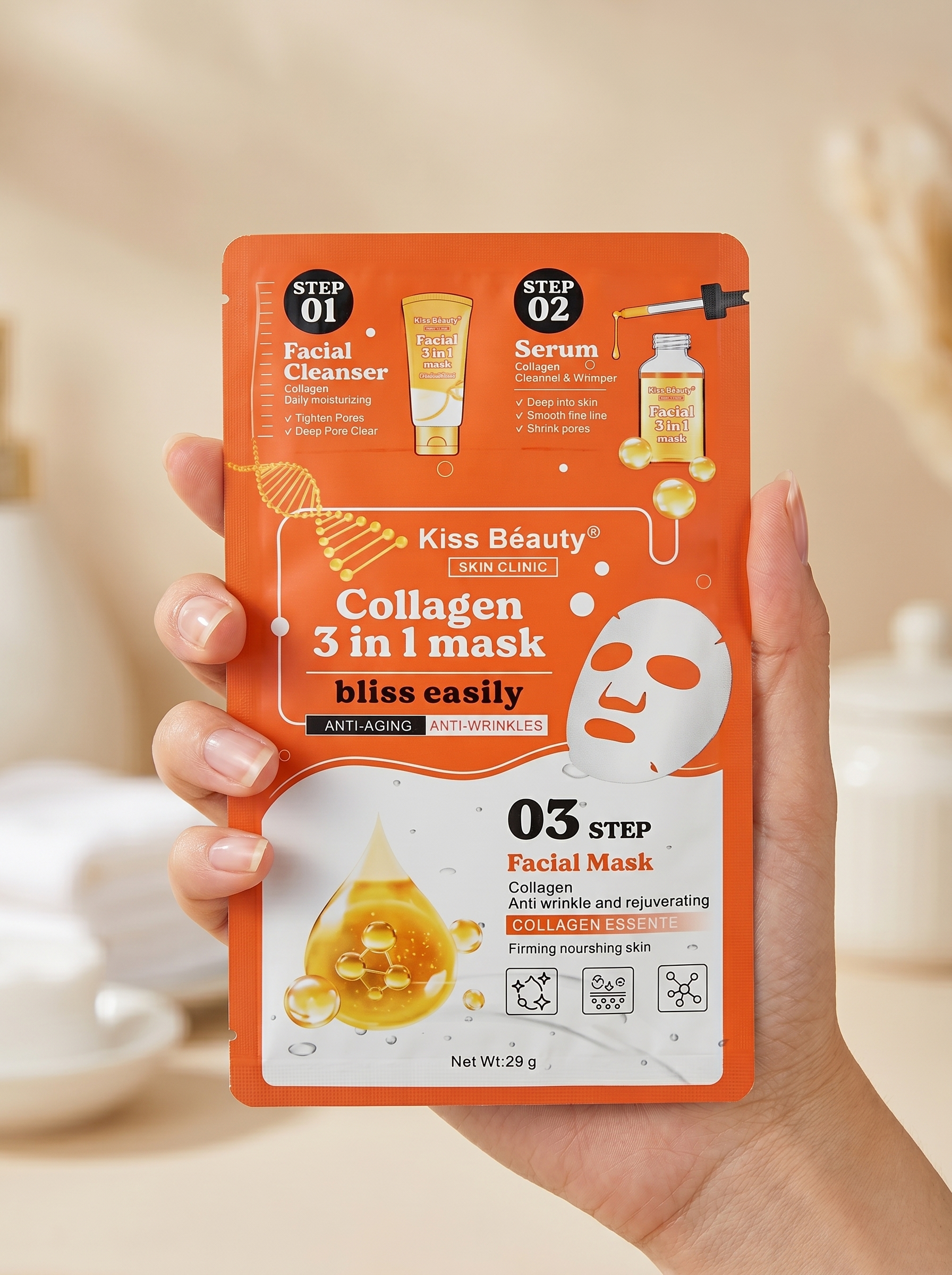 Set 3 en 1: Mascarilla + Limpiador Facial + Sérum de Colágeno